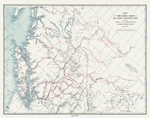 Map from the Pacific Ocean across the Rocky Mountain zone  to accompany report on the exploratory survey.CPR.1874,   20x25" approx.