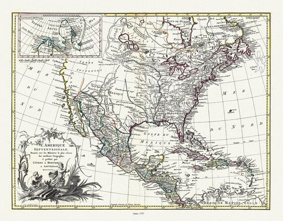 L'Amérique septentrionale, 1757, Covens et Mortier auths., map on durable cotton canvas, 50 x 70 cm, 20 x 25" approx.
