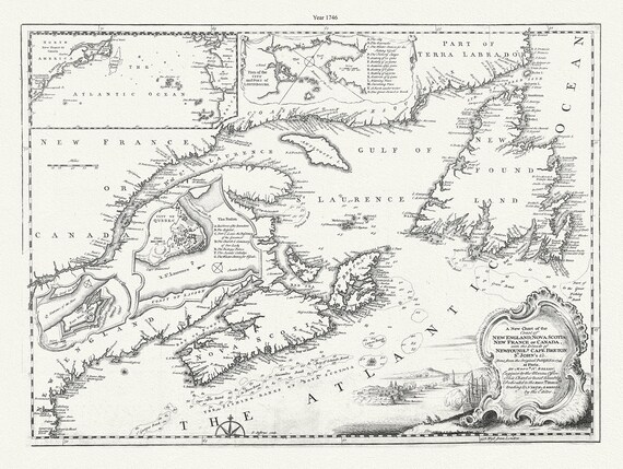 A new chart of the coast of New England, Nova Scotia, New France or Canada, with the islands of Newfoundland., Cape Breton, .Jefferys, 1746