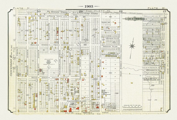 Plate 31, Toronto West, Bloorcourt & Christie Pits, 1903, map on heavy cotton canvas, 20 x 30" or 50 x 75cm. approx.