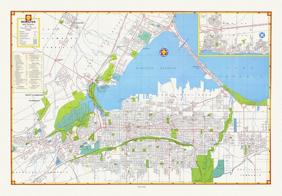 Hamilton and surrounding area, showing waterways, streets, railways, and an index, 1966, map on heavy cotton canvas, 20 x 25" approx.