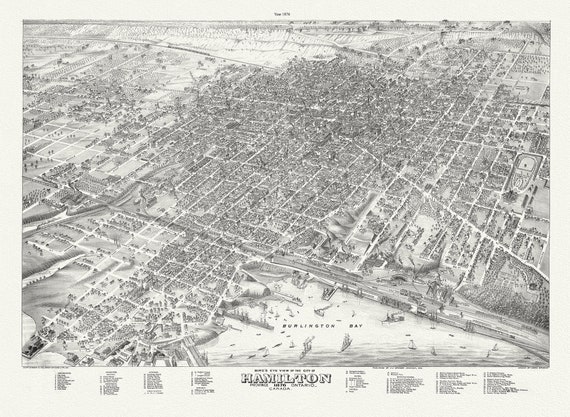 Bird's eye view of the City of Hamilton, Ontario, 1876  , map on durable cotton canvas, 50 x 70 cm, 20 x 25" approx.