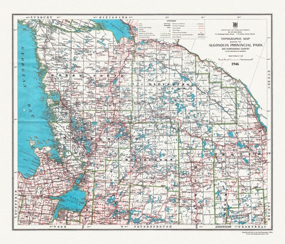 Historic Algonquin Park Map & Surrounding Area,  Algonquin Story, 1946 , map on heavy cotton canvas, 20x27" approx.