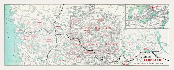Historic Algonquin Park Map, Grand Trunk Railway, 1912, map on heavy cotton canvas, 22x27" approx.