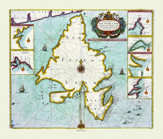Thornton, A chart  NEW FOUND LAND with particular harbors , 1702 , Approx. 20x24", on heavy canvas