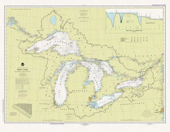 A Nautical Chart of The Great Lakes, 2016 Chart of The Great Lakes, 2016, map on heavy cotton canvas, 50x70cm (20 x 25") approx.