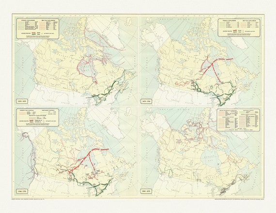 Routes of explorers, (1534-1870), map on durable cotton canvas, 50 x 70 cm, 20 x 25" approx.