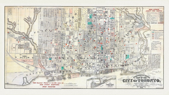 Toronto, Areas Exempt from Real Estate Taxation, 1878, map on heavy cotton canvas, 22x27" approx.