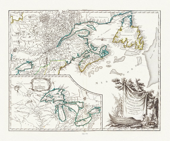 Nouvelle France ou le Canada, 1755, map on heavy cotton canvas, 22x27", 22x27" approx.
