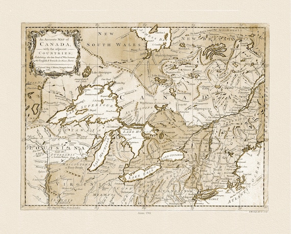 Canada, with the adjacent countries exhibiting the late seat of war between the English & French in those parts, 1761 ,on canvas, 22x27"