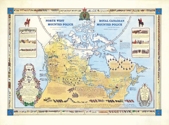 North West Mounted Police ( Royal Canadian Mounted Police), 1966, Map on Heavy Cotton Canvas,  Approx. 22x27"