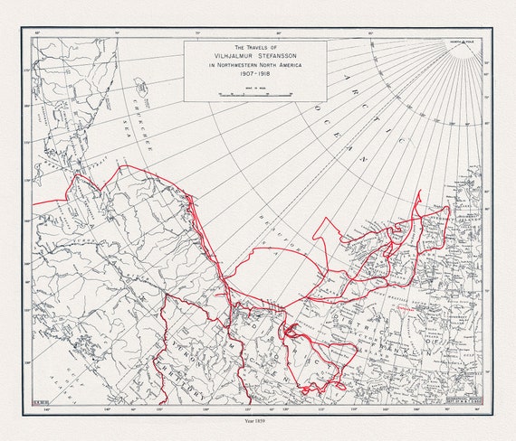 The travels of Vilhjalmur Stefansson, 1859 , map on durable cotton canvas, 50 x 70 cm, 20 x 25" approx.