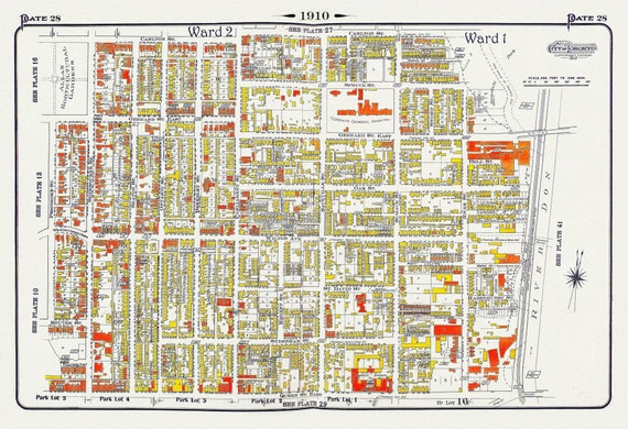 Plate 28, Toronto Downtown East, Cabaggetown, 1910 , map on heavy cotton canvas, 20 x 30" approx.