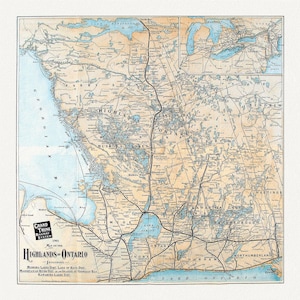 Chemins de fer du Grand Tronc, Carte des Highlands de l’Ontario, 1901, carte sur toile de coton lourde, 22x27 » env.