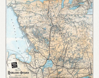 Grand Trunk Railways, Map of the Highlands of Ontario, 1901, ,map on heavy cotton canvas, 22x27" approx.