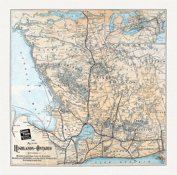 Grand Trunk Railways, Map of the Highlands of Ontario, 1901, ,map on heavy cotton canvas, 22x27" approx.