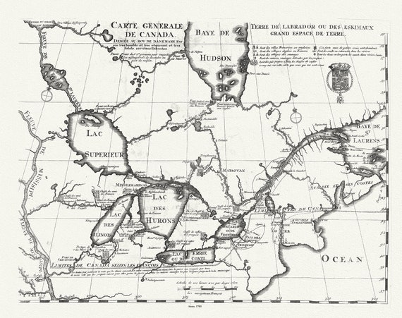 Carte Générale de Canada, Lahontan auth.,1703, map on durable cotton canvas, 50 x 70 cm, 20 x 25" approx.