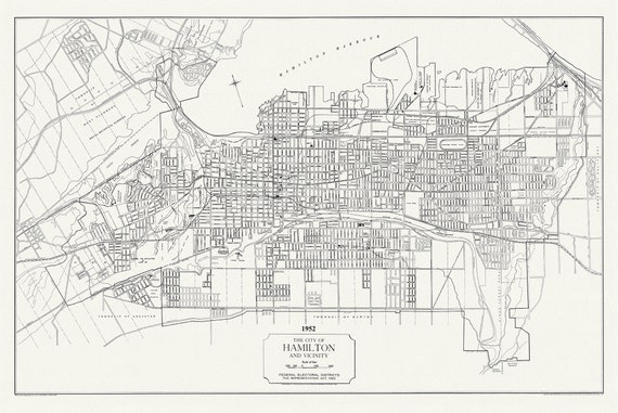 The City of Hamilton and Vicinity,  federal electoral districts, The Representation Act, 1952 , map on heavy cotton canvas, 20 x 25" approx.