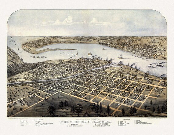 Birds eye view of the city of Port Huron, Sarnia, St. Clair Co., Michigan et Point Edwards, Lambton Co., Canada West, 1867,  canvas, 22x27"