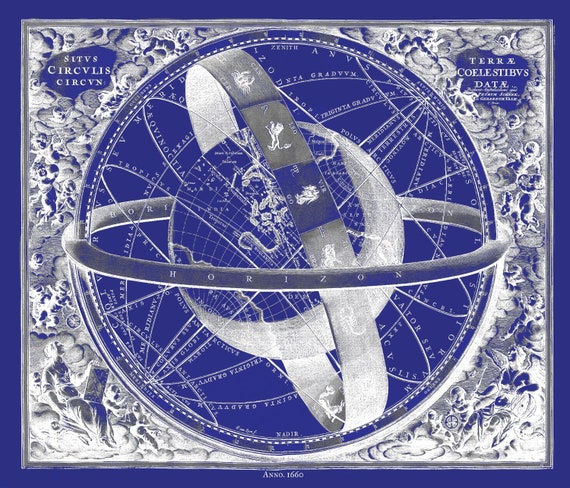 Cellarius, Harmoni Macrocosmica XI, 1660 Cyanotype,  celestial map on durable cotton canvas, 50 x 70 cm or 20x25" approx.