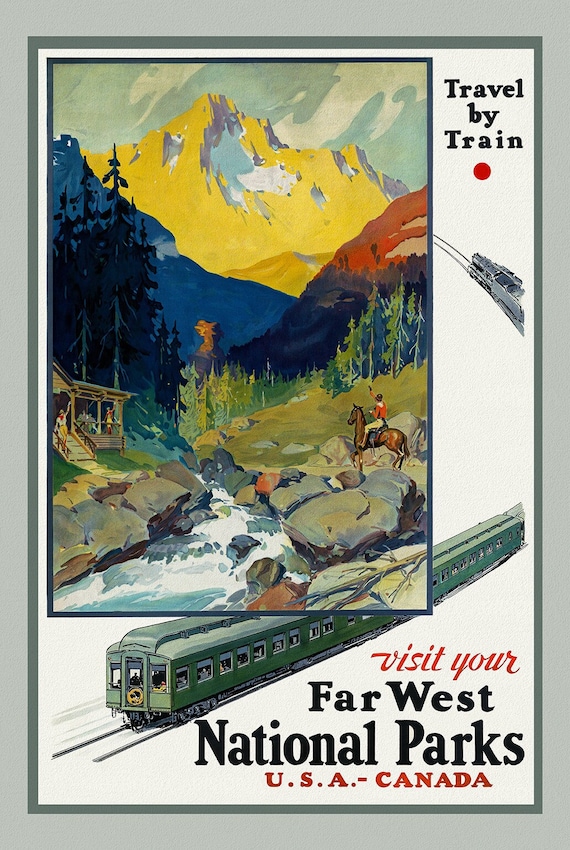 Travel By Train, USA-Canada , vintage train travel poster on heavy cotton canvas, 50 x 70 cm, 20 x 25" approx.