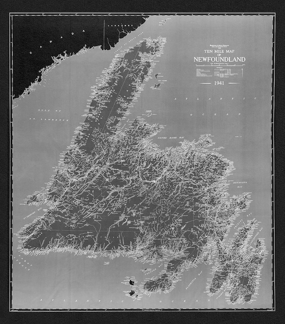 A Ten Mile Map of Newfoundland, 1941 Ver. BWI , map on durable cotton canvas, 50 x 70 cm, 20 x 25" approx.