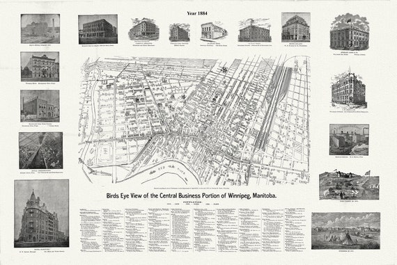 Winnipeg, A Bird's Eye View of the Central Business Portion, 1884 , map on durable cotton canvas, 50 x 70 cm, 20 x 25" approx.