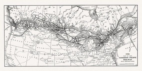 Canadian Pacific Railway & Connections, 1938 , vintage map reprinted on durable cotton canvas, 50 x 70 cm or 20x25" approx.