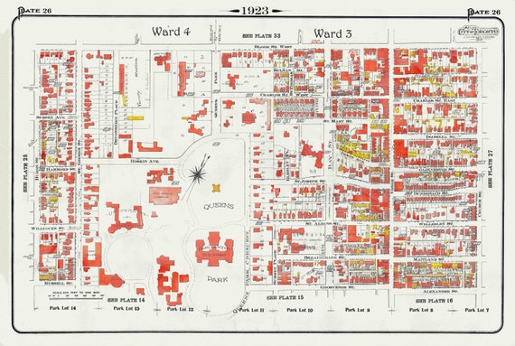 Plate 26, Downtown West, Queen's Park and University of Toronto, 1923, Map on heavy cotton canvas, 18x27in. approx.
