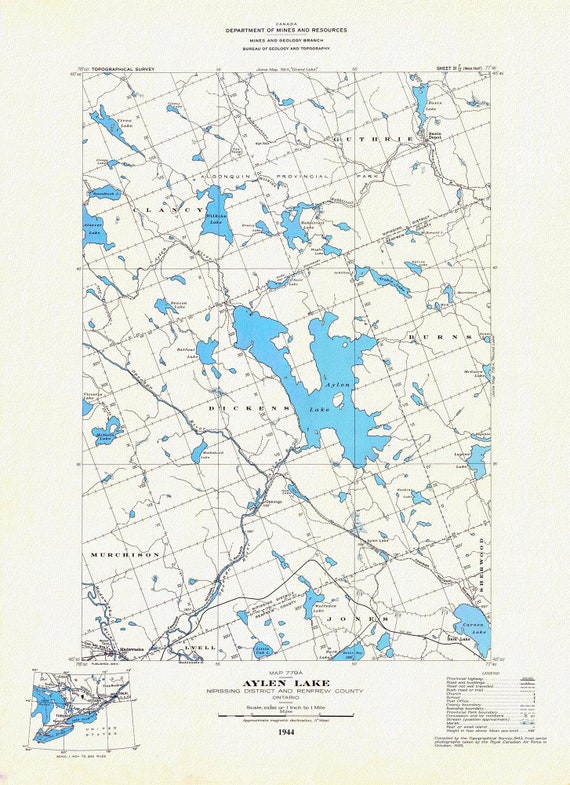 Historic Algonquin Park Map, Aylen Lake, National Topographic Series, 1944, map on heavy cotton canvas, 20 x 25" approx.