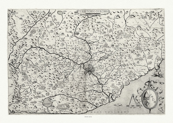 Giacomo Gastaldi,Territorio di Roma, Italy, 1575, map on heavy cotton canvas, 22x27" approx.