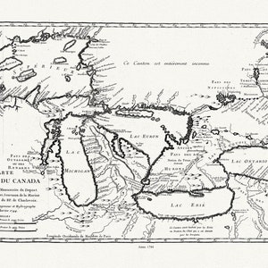 Bellin, Carte des lacs du Canada, Dressée sur les manuscrits du depost des cartes,1744, mapa em tela de algodão grosso, 50 x 70 cm aprox.