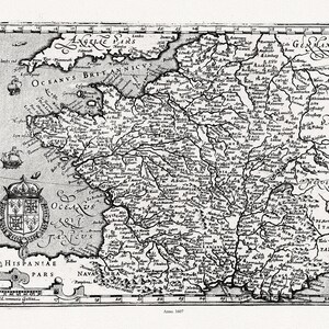 Mercator et Hondius, Gallia, 1607 ,une carte sur toile de coton épais, 56x70cm environ