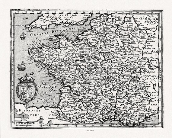 Mercator et Hondius, Gallia, 1607 ,une carte sur toile de coton épais, 56x70cm environ