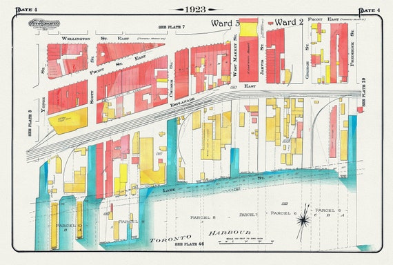 Plate 4, Toronto Downtown Waterfront, Esplanade, 1923, Map on heavy cotton canvas, 19x27in. approx.