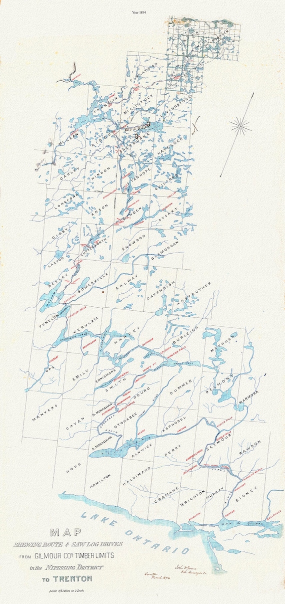 Historic Algonquin Park Map, Gilmour Log Drive from Nipissing to Trenton, 1894, map on durable cotton canvas, 14 x 28" approx.