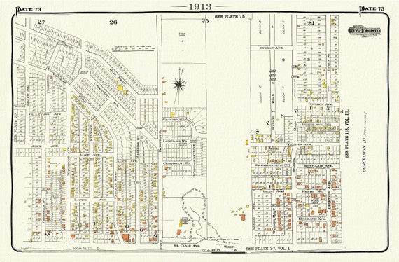 Plate 73, Toronto West, St. Clair & Vaughan Rd., 1913, map on heavy cotton canvas, 20 x 30" or 50 x 75cm. approx.