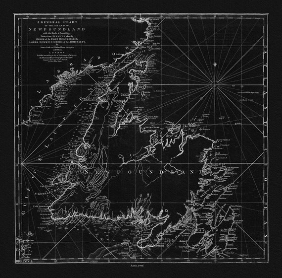 Jefferys, A General Chart Of The Island Of Newfoundland, 1776 Ver. BWI , map on durable cotton canvas, 50 x 70 cm, 20 x 25" approx.