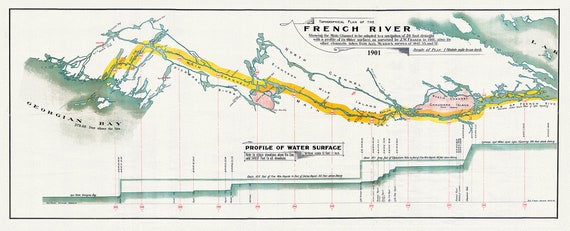 French River Canal, main channel to be adapted to a navigation of 20 foot draught, 1901, map on heavy cotton canvas, 18x27" approx.