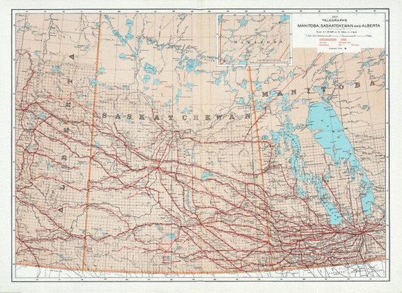 Canada Department of the Interior, Telegraphs, Manitoba, Saskatchewan and Alberta, 1915, map on heavy cotton canvas, 22x27" approx.