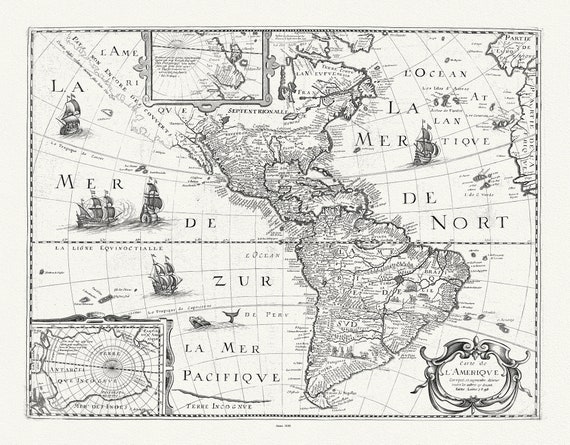 Mariette, Carte de l'Amerique, 1646, map on durable cotton canvas, 50 x 70 cm, 20 x 25" approx.