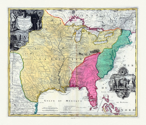 Hennepin, Amplissima regionis Mississipi, Francisc Riviere Mississippi in America septentrionali, 1687, map on heavy cotton canvas, 22x27"