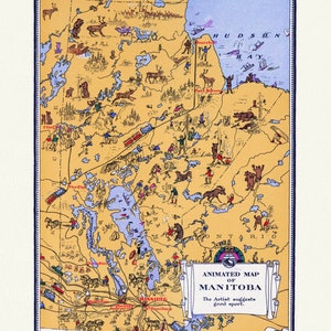 An Animated Map of Manitoba, 1929, on heavy cotton canvas, 22x27" approx.