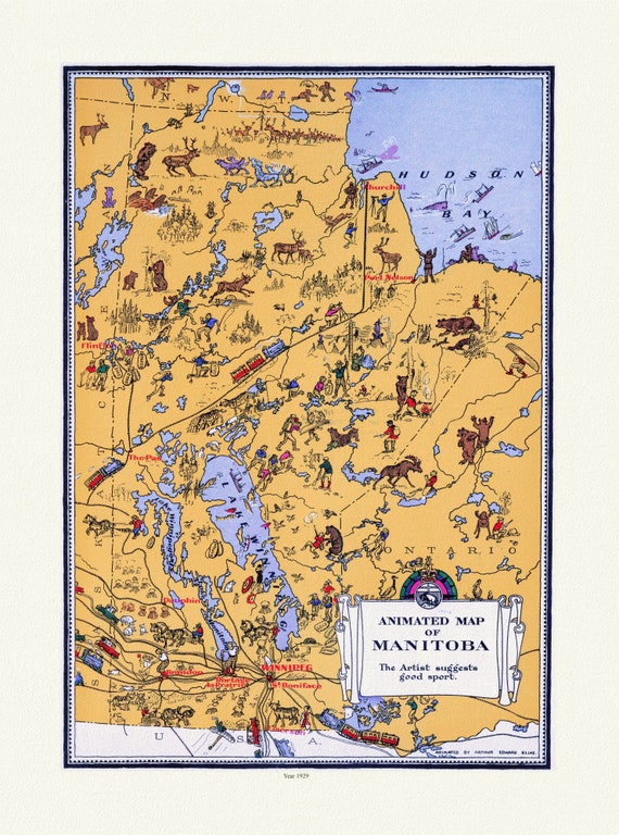 An Animated Map of Manitoba, 1929, on heavy cotton canvas, 22x27" approx.