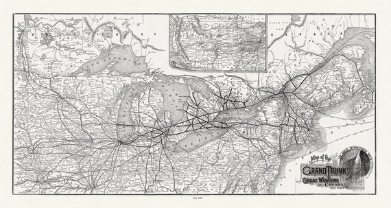 Grand Trunk Railway Company of Canada, 1885, map on heavy cotton canvas, 22x27" approx.