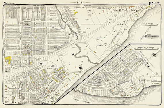 Plate 83, Toronto West, South Etobicoke South, Mimico, 1913, map on heavy cotton canvas, 20 x 30" or 50 x 75cm. approx.