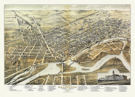 Bird's eye view of Brantford, Province of Ontario, Canada, 1875, map on heavy cotton canvas, 22x27" approx.