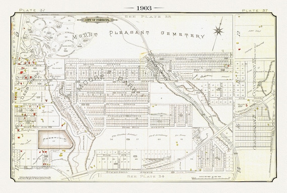 Plate 37, Toronto Uptown East, Mount Pleasant & Moore Park, 1903, map on heavy cotton canvas, 20 x 30", 50 x 76cm, approx.