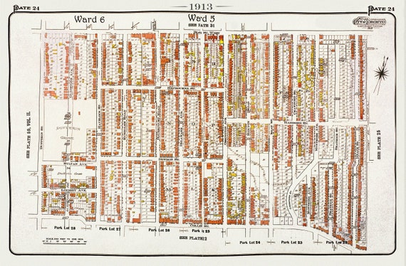 Plate 24, Toronto West, Brockton, Parkdale, Dufferin Grove, 1913, map on heavy cotton canvas, 20 x 30" approx.