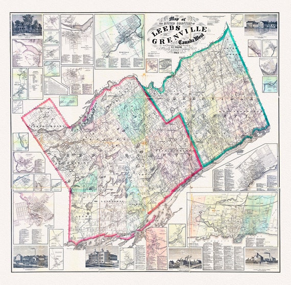 Map of the United Counties of Leeds and Grenville, Canada West.1861, map on durable cotton canvas, 50 x 70 cm, 20 x 25" approx.